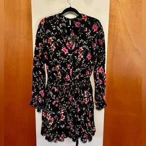 Free people black + pink floral shirt dress with singed tie waist; women’s large